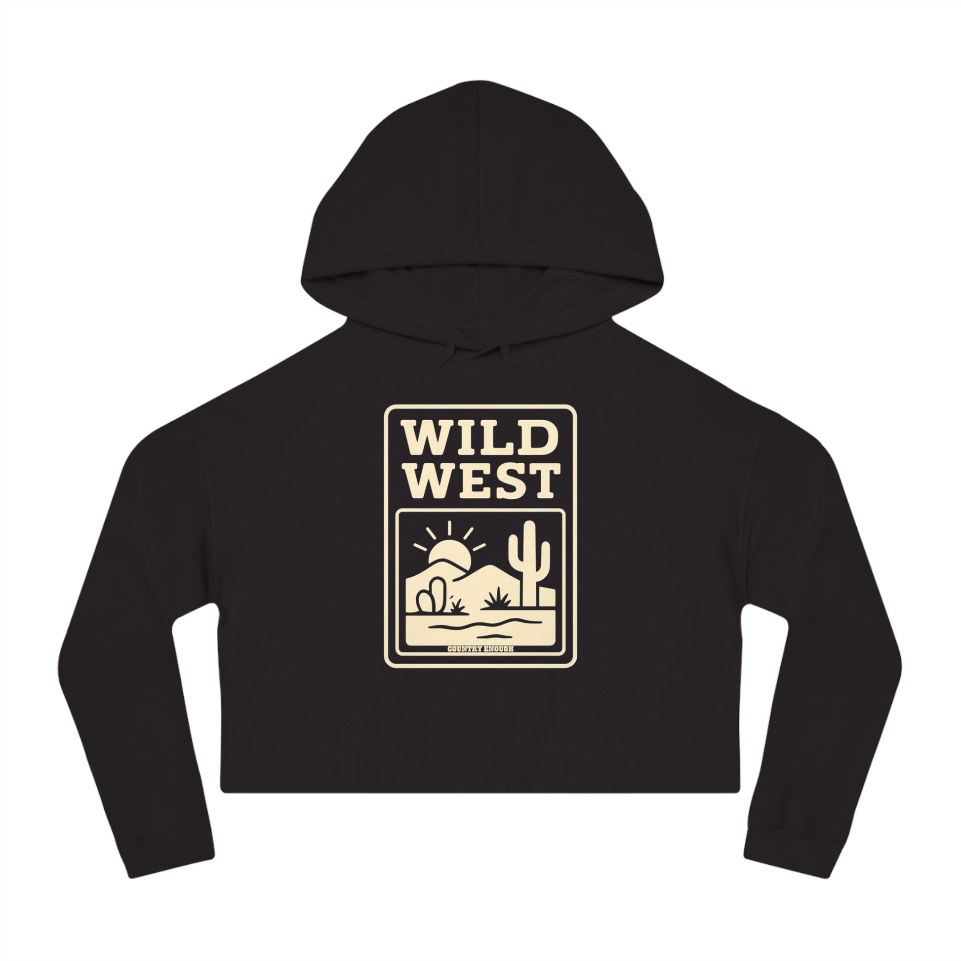Black hoodie with sunset, desert landscape, and wild west text graphic #black