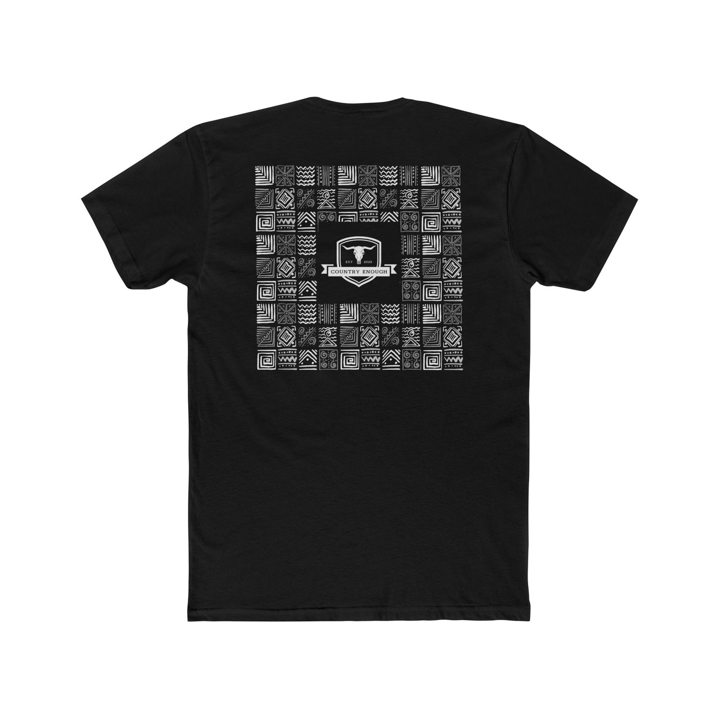 Black t-shirt with graphic of aztec patterns arranged in a square with country enough logo in the center #black