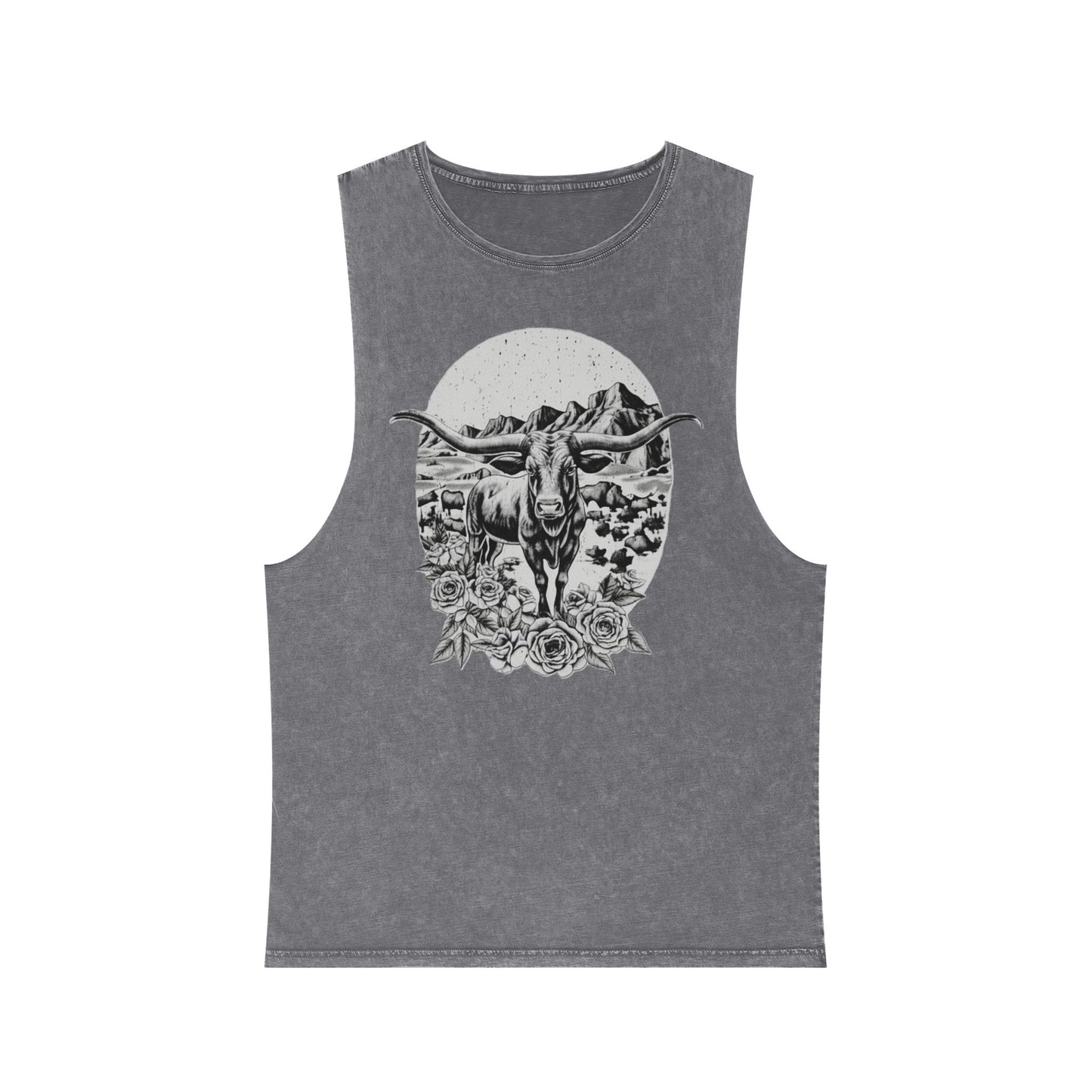 Ash Stone distressed wash tank top with a longhorn, desert mountains, and roses graphic #ashstone