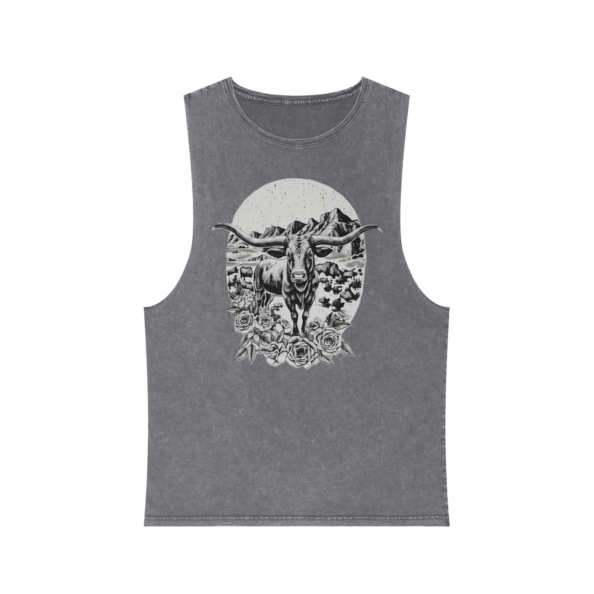 Ash Stone distressed wash tank top with a longhorn, desert mountains, and roses graphic #ashstone