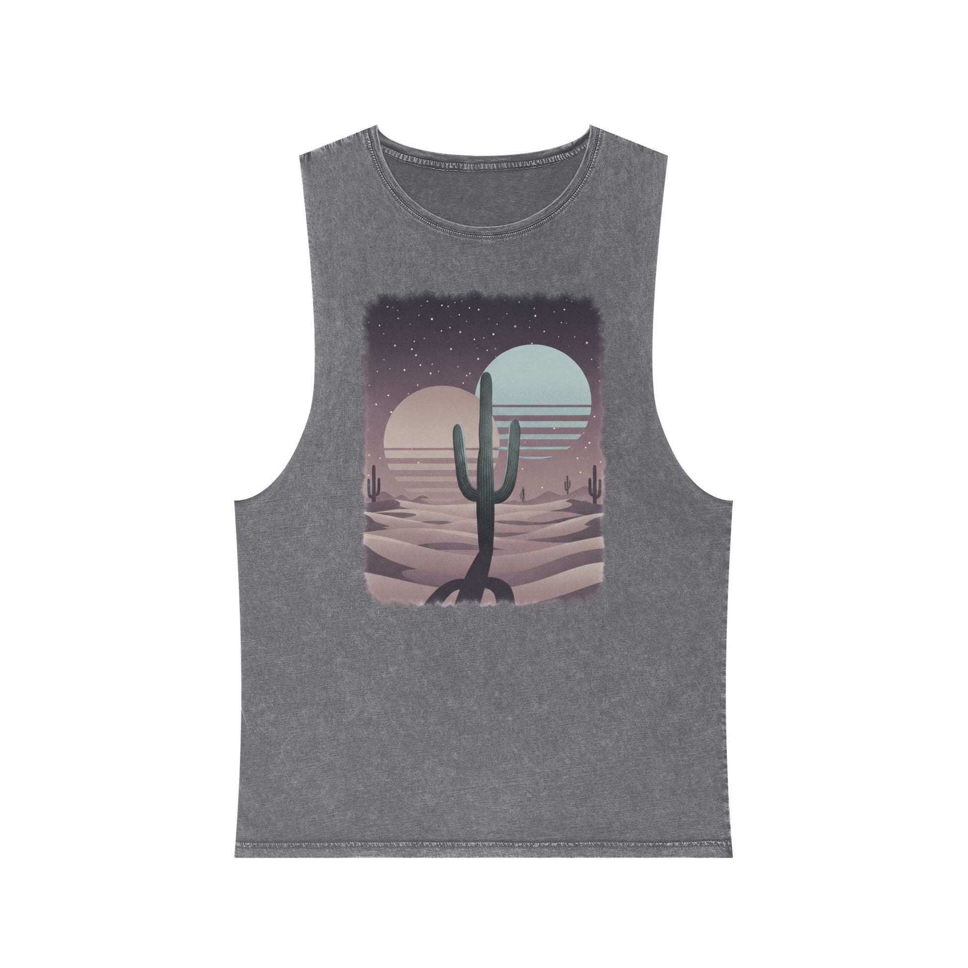 Ash Stone distressed wash tank top with a sun, moon, and cacti across a desert landscape graphic #ashstone