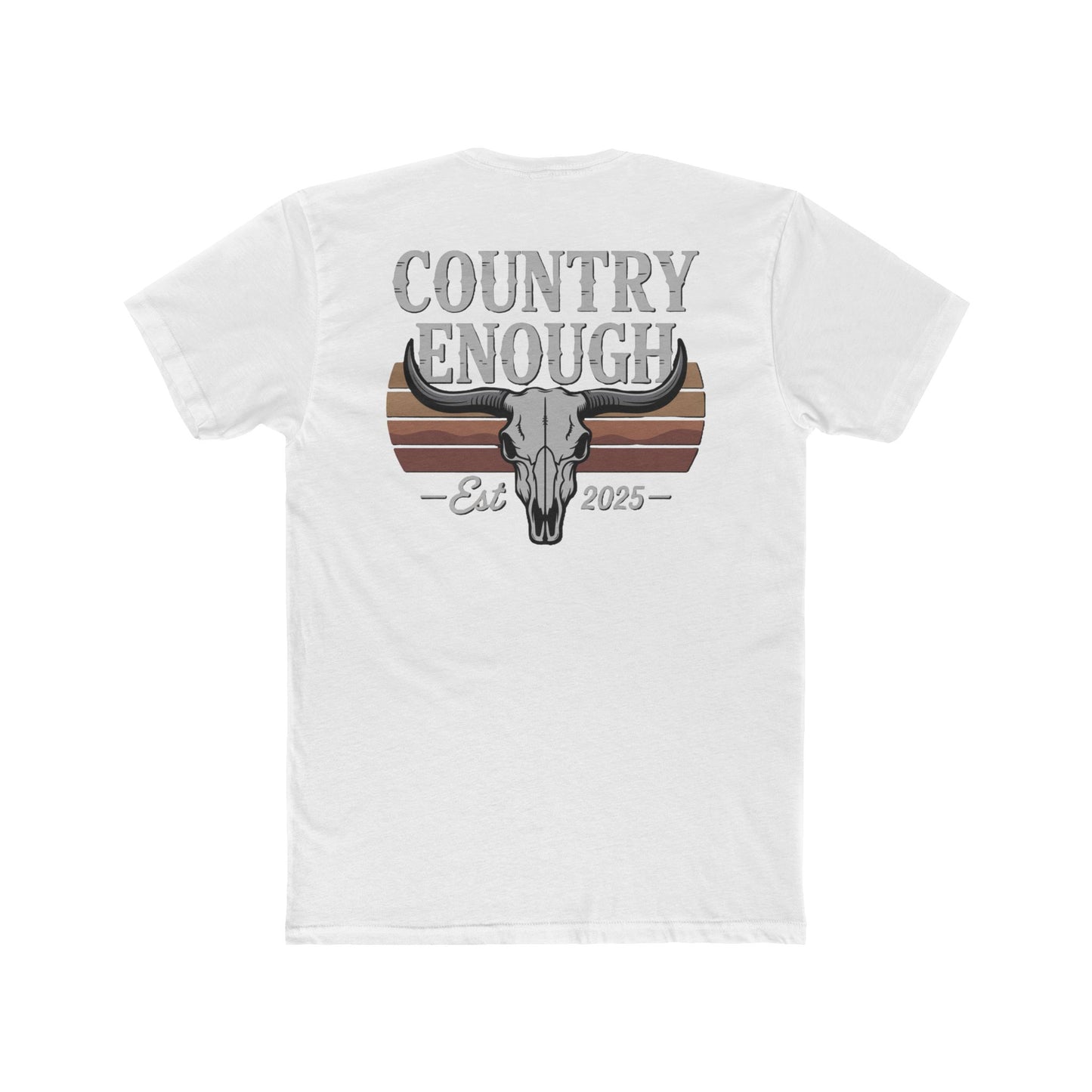 White t-shirt with vintage retro graphic of a bull skull and words country enough EST 2025 #white