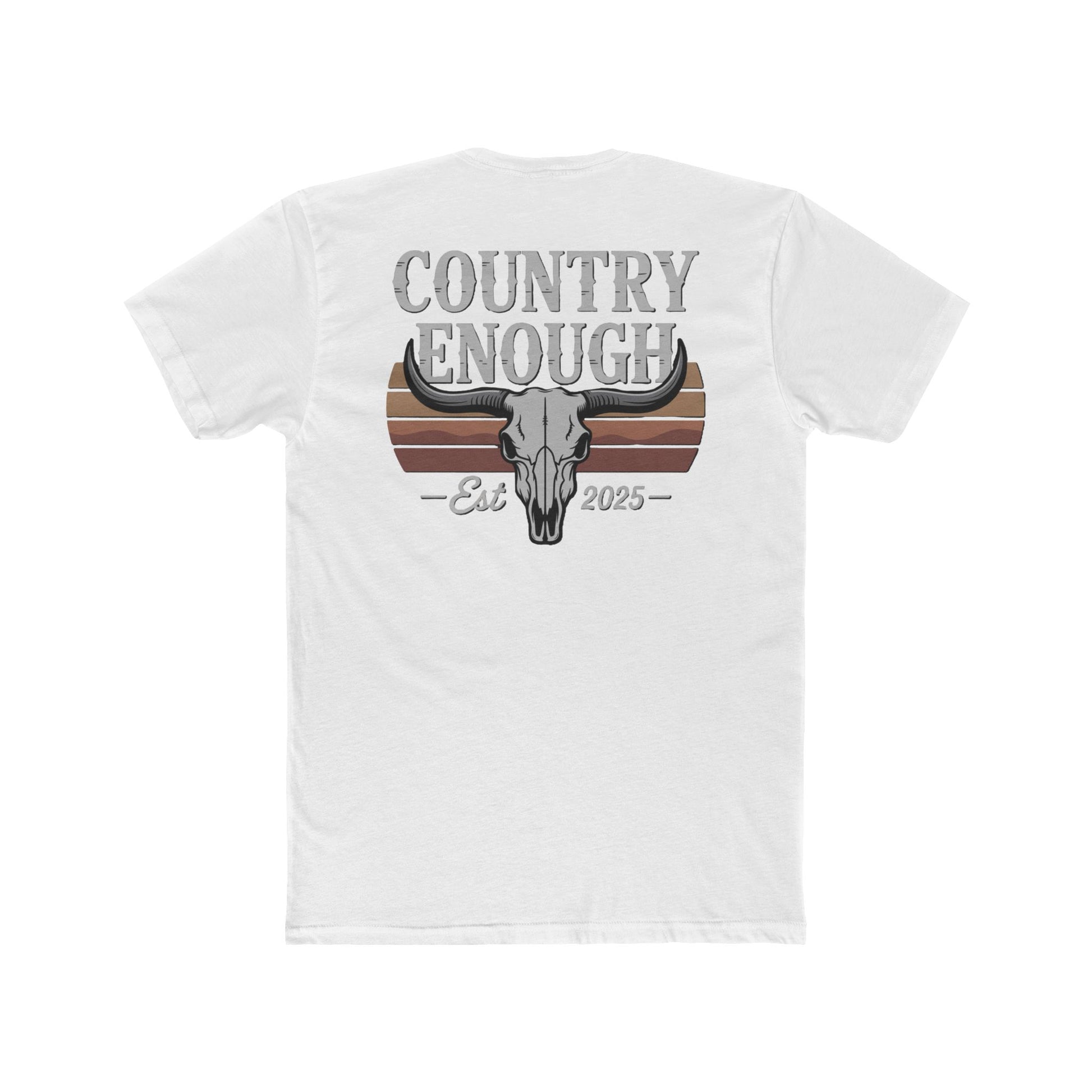 White t-shirt with vintage retro graphic of a bull skull and words country enough EST 2025 #white