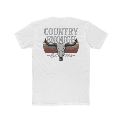 White t-shirt with vintage retro graphic of a bull skull and words country enough EST 2025 #white