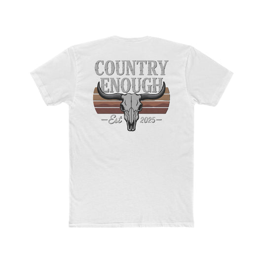 White t-shirt with vintage retro graphic of a bull skull and words country enough EST 2025 #white