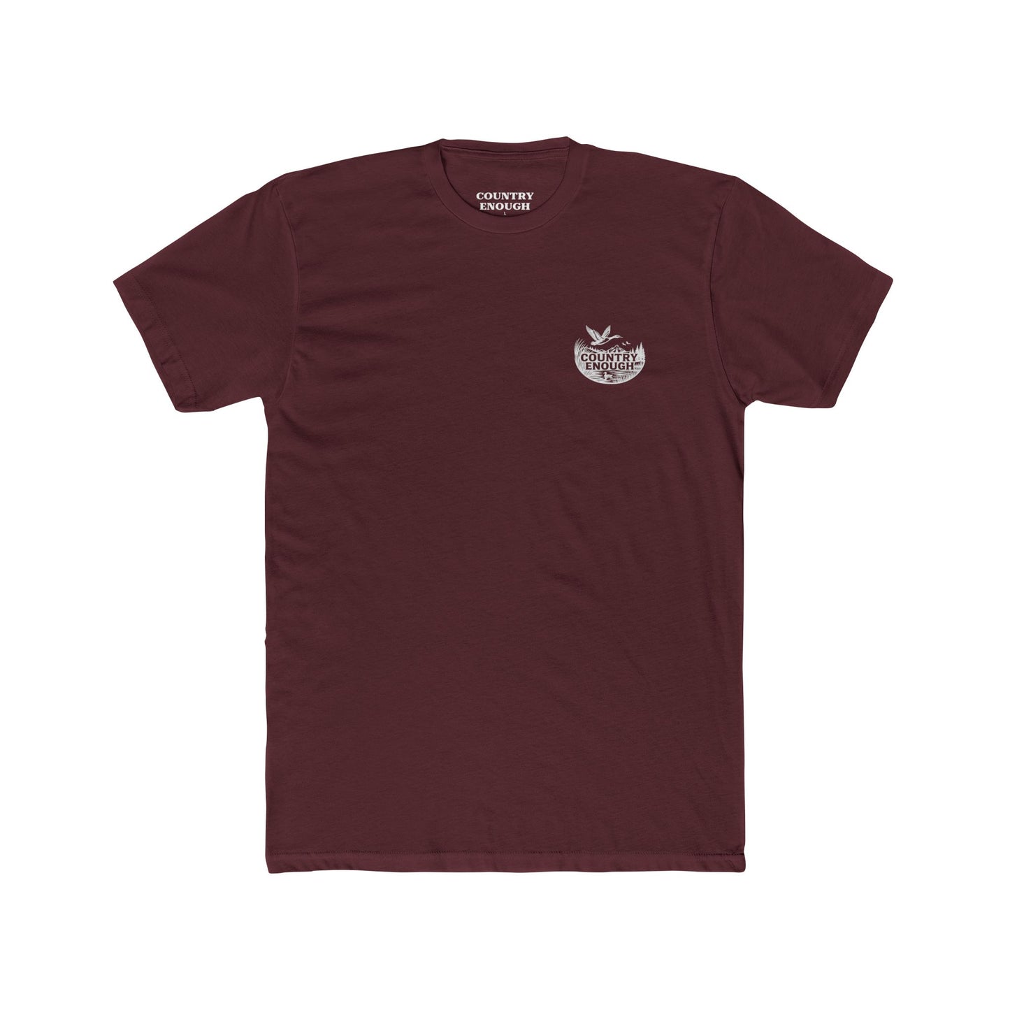 Maroon t-shirt with graphic of a duck, mountains, pine trees, and a lake #maroon