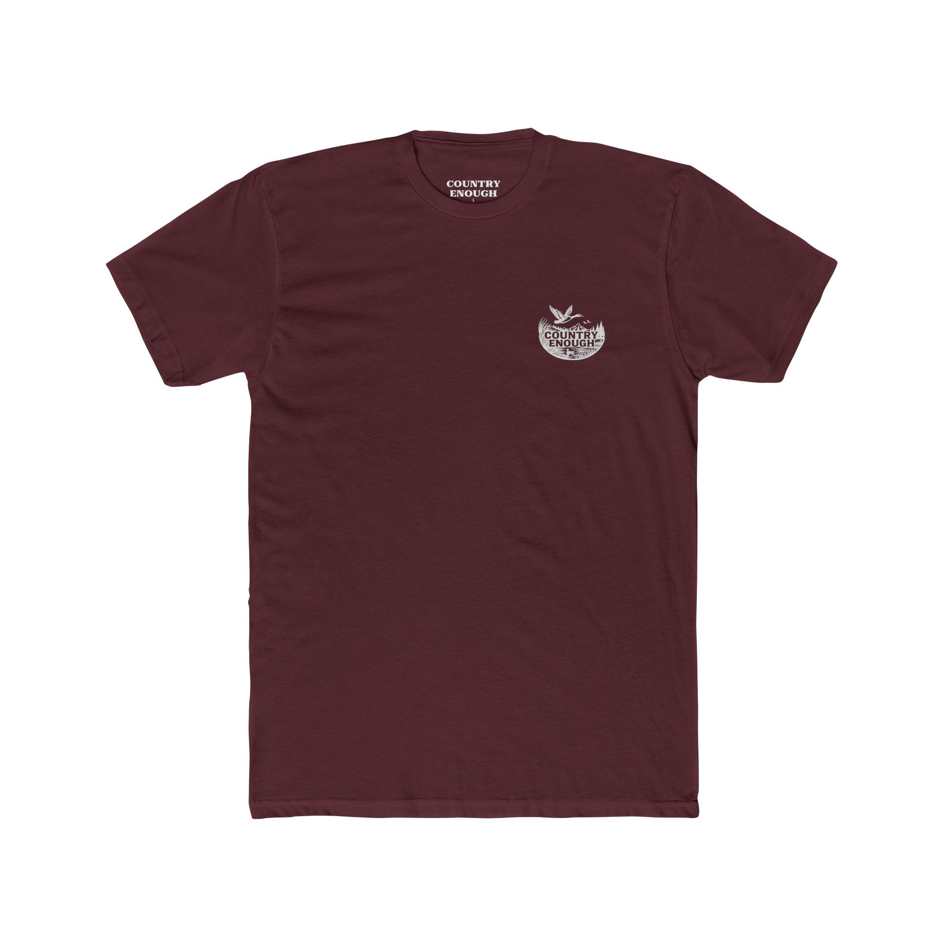 Maroon t-shirt with graphic of a duck, mountains, pine trees, and a lake #maroon
