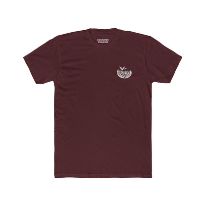 Maroon t-shirt with graphic of a duck, mountains, pine trees, and a lake #maroon