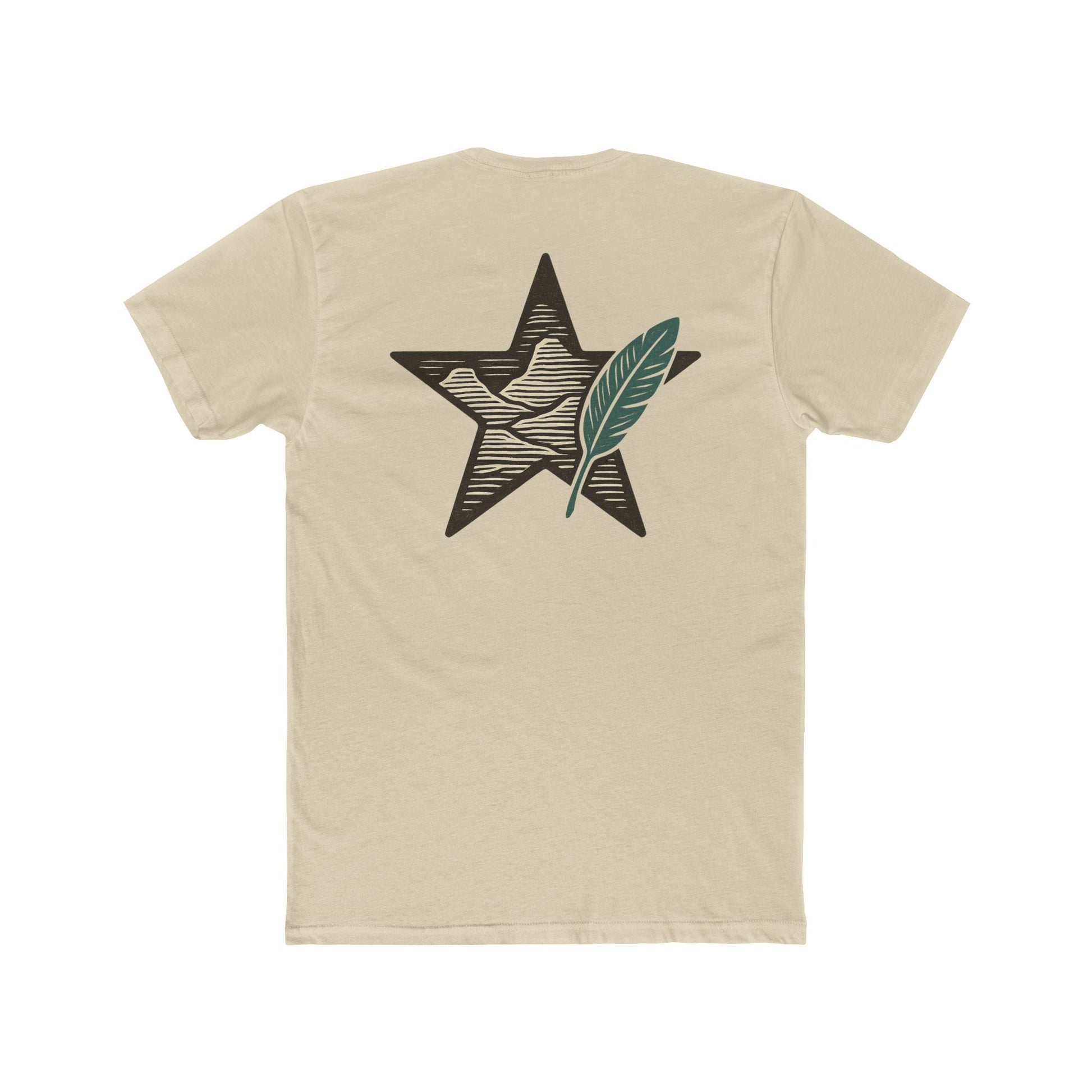 Cream t-shirt with graphic of a big star, mountain design inside the star, and large feather overlapping #cream