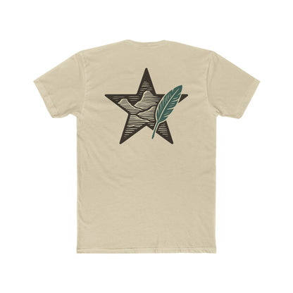 Cream t-shirt with graphic of a big star, mountain design inside the star, and large feather overlapping #cream