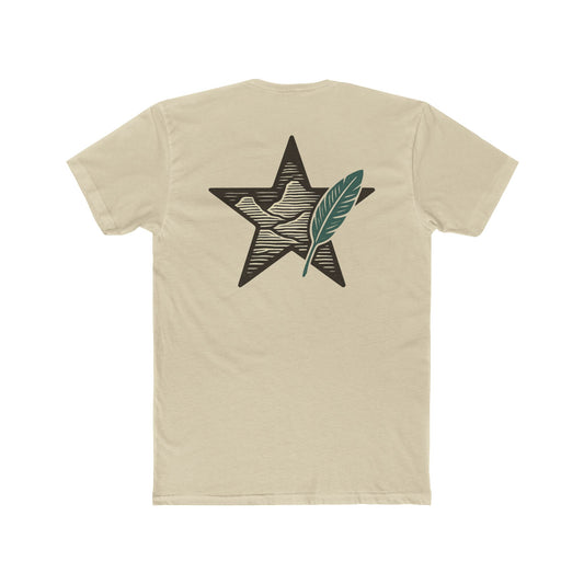 Cream t-shirt with graphic of a big star, mountain design inside the star, and large feather overlapping #cream