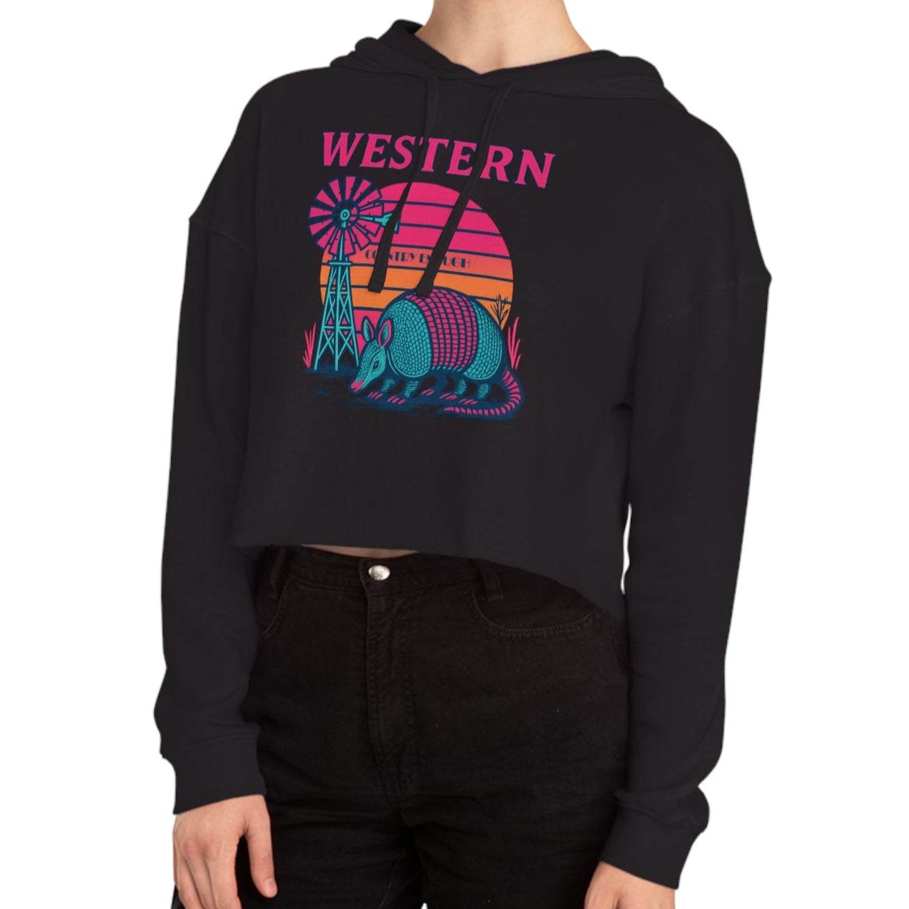 Black crop hoodie with graphic featuring a sun, windmill, and armadillo. #black