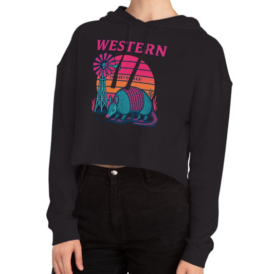 Black crop hoodie with graphic featuring a sun, windmill, and armadillo. #black