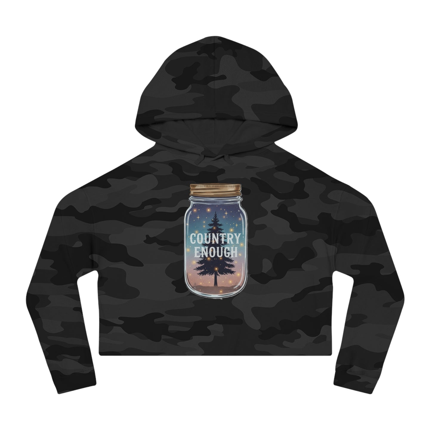 Black camo crop hoodie with mason jar, pine trees, and stars graphic #blackcamo