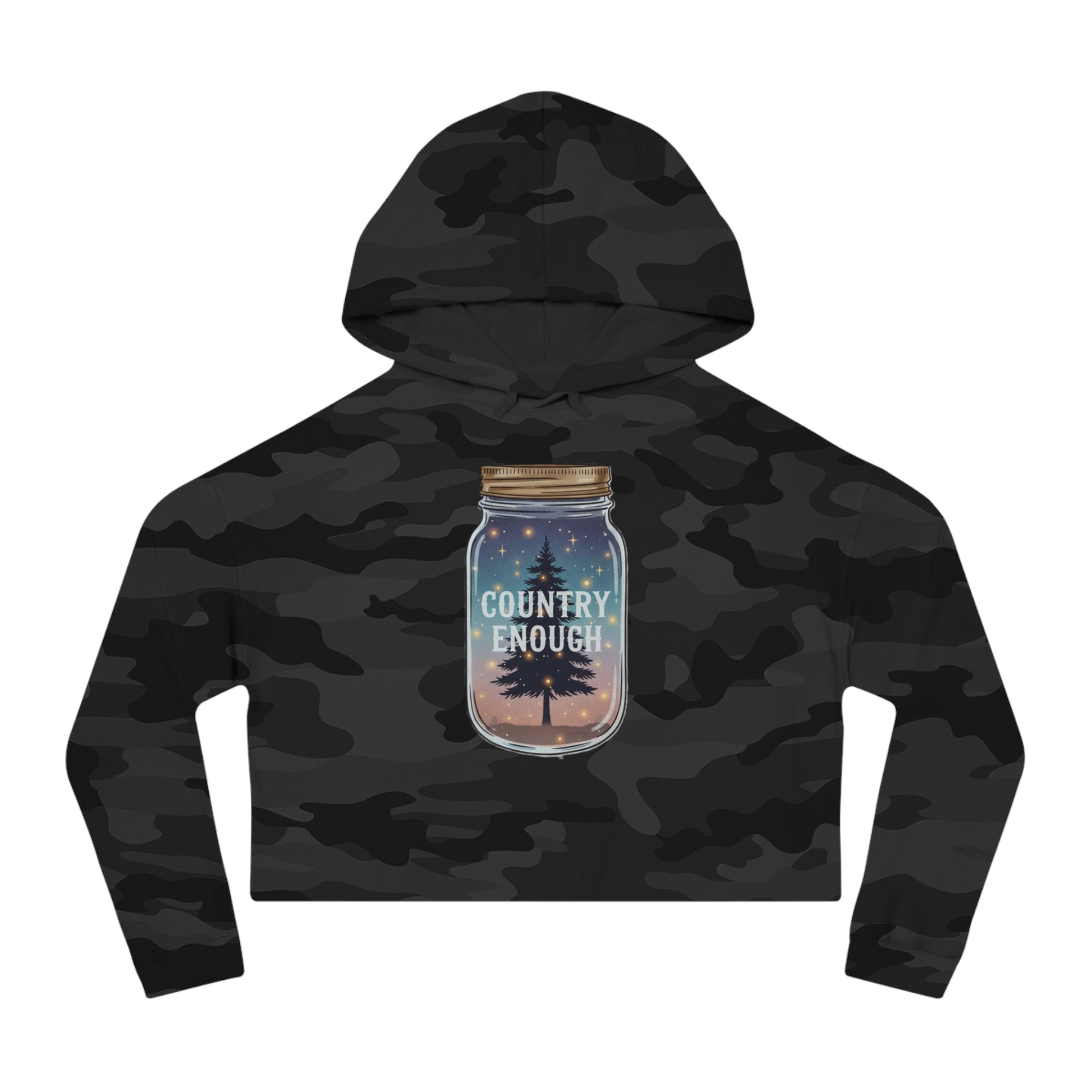 Black camo crop hoodie with mason jar, pine trees, and stars graphic #blackcamo
