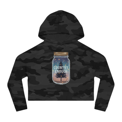 Black camo crop hoodie with mason jar, pine trees, and stars graphic #blackcamo