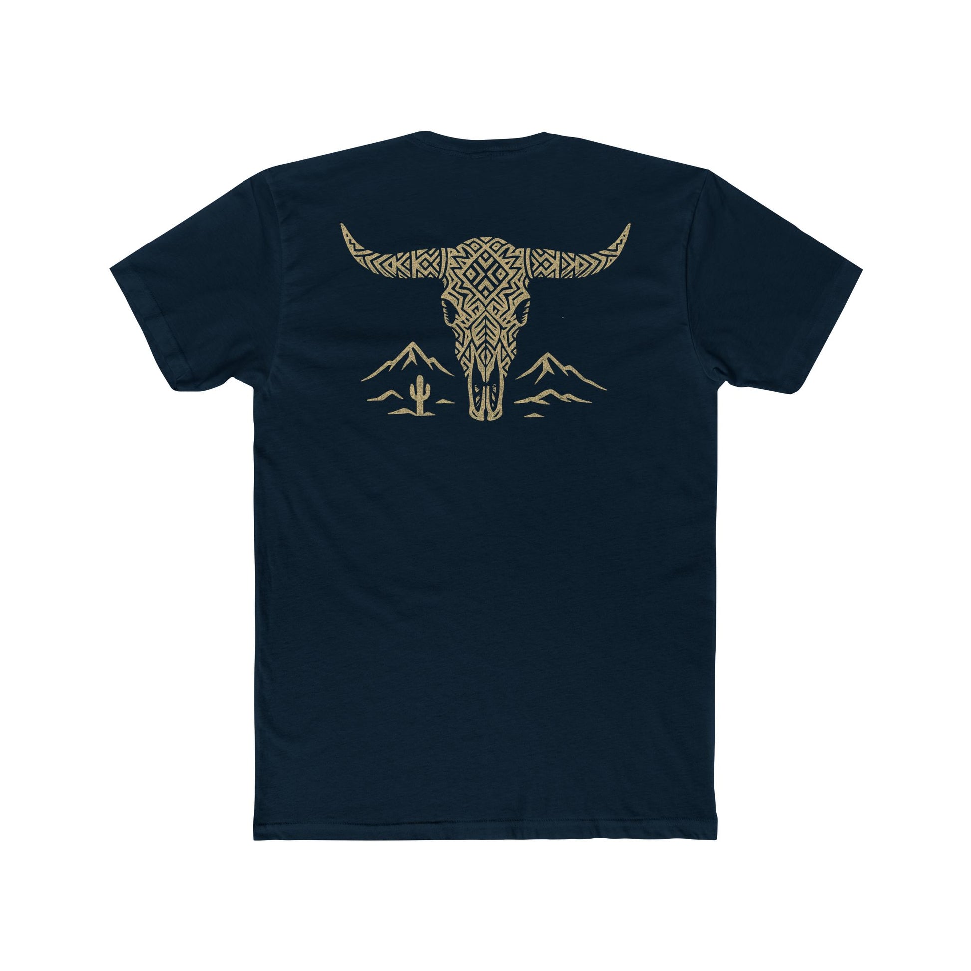 Midnight Navy t-shirt with graphic of a aztec pattern in the shape of a bull skull, mountains, and a lone cactus #midnightnavy