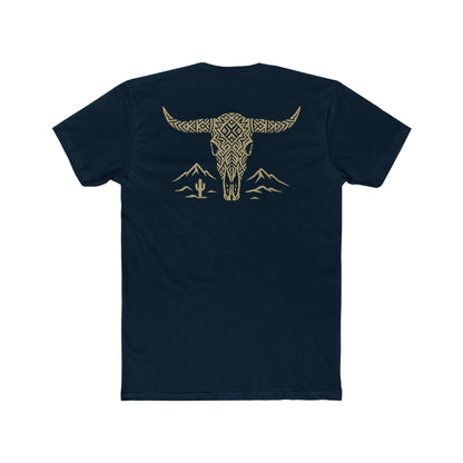 Midnight Navy t-shirt with graphic of a aztec pattern in the shape of a bull skull, mountains, and a lone cactus #midnightnavy