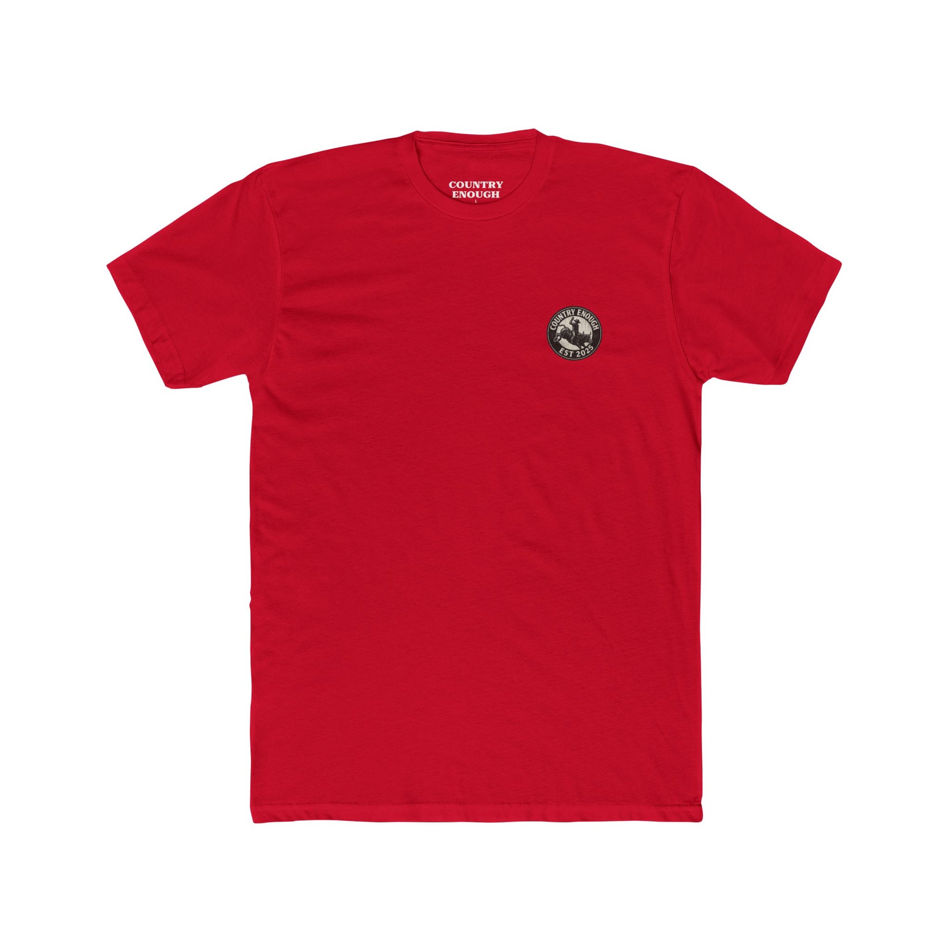 Red t-shirt with circular graphic of a bucking bull with rider and the phrase honky tonkin' kind night #red
