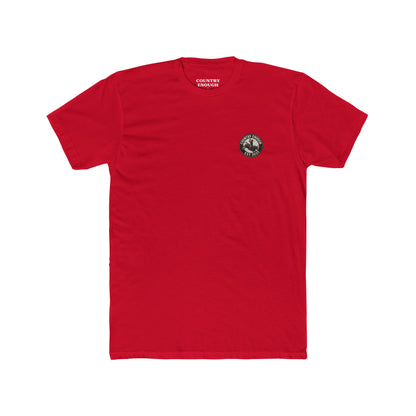 Red t-shirt with circular graphic of a bucking bull with rider and the phrase honky tonkin' kind night #red