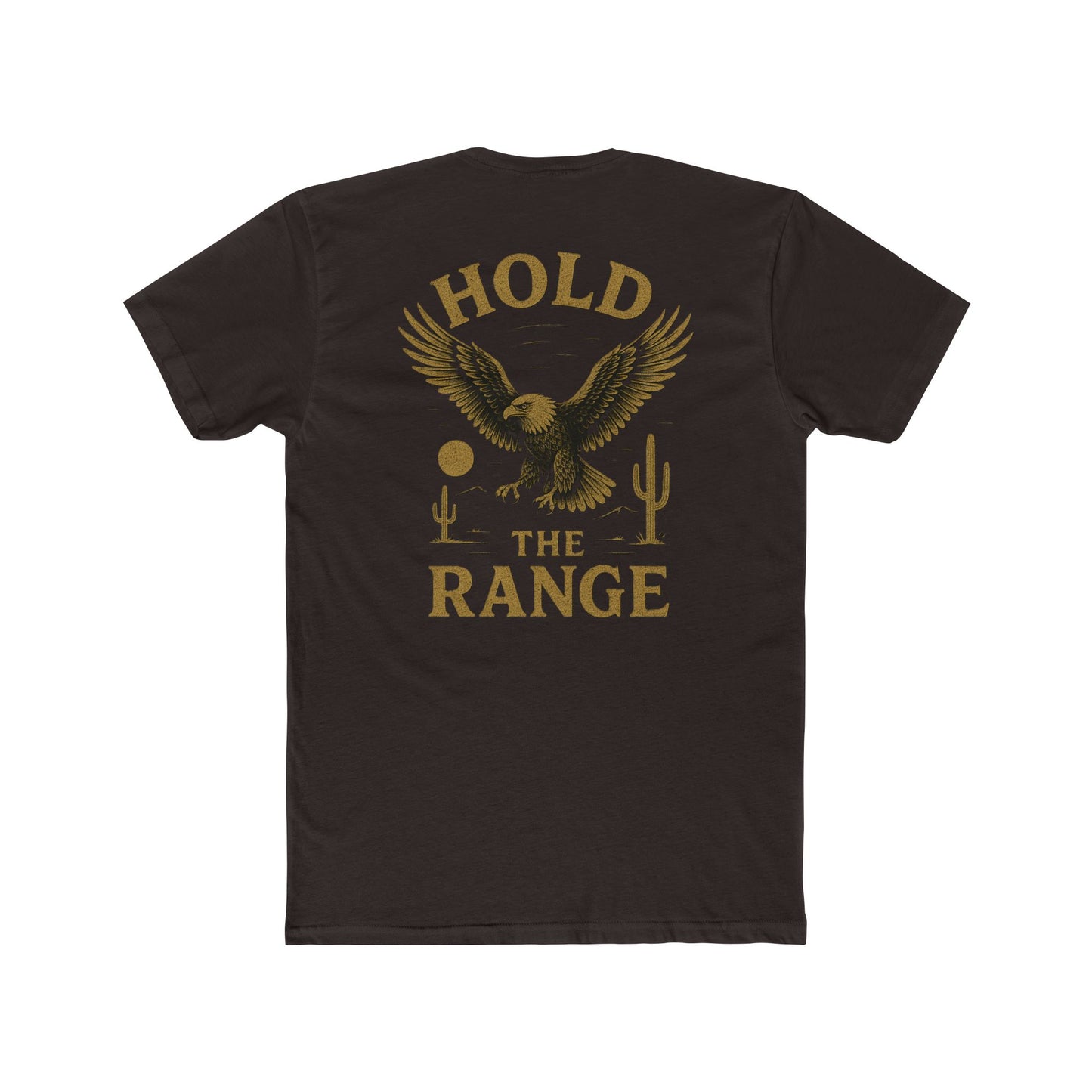Dark Brown t-shirt with graphic of an eagle, desert landscape, and the words hold the range #darkbrown