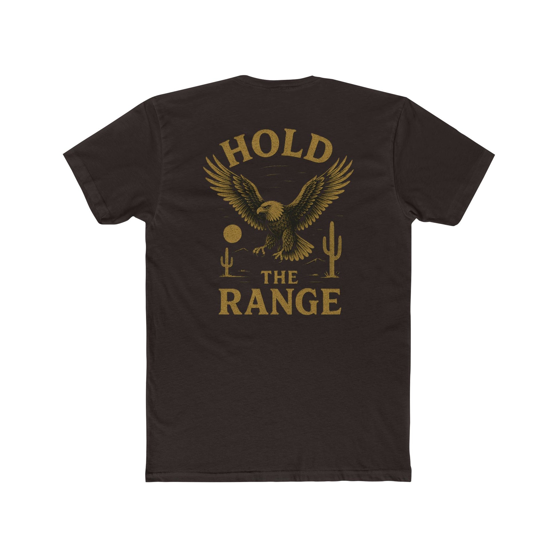 Dark Brown t-shirt with graphic of an eagle, desert landscape, and the words hold the range #darkbrown