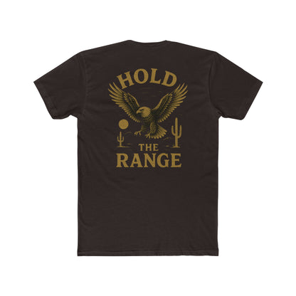 Dark Brown t-shirt with graphic of an eagle, desert landscape, and the words hold the range #darkbrown