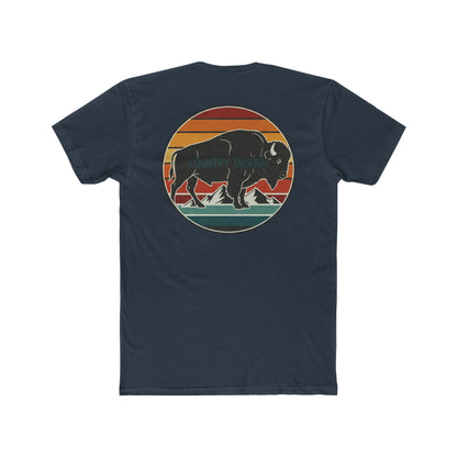 Indigo t-shirt with a bison, sunset and mountain landscape graphic #indigo