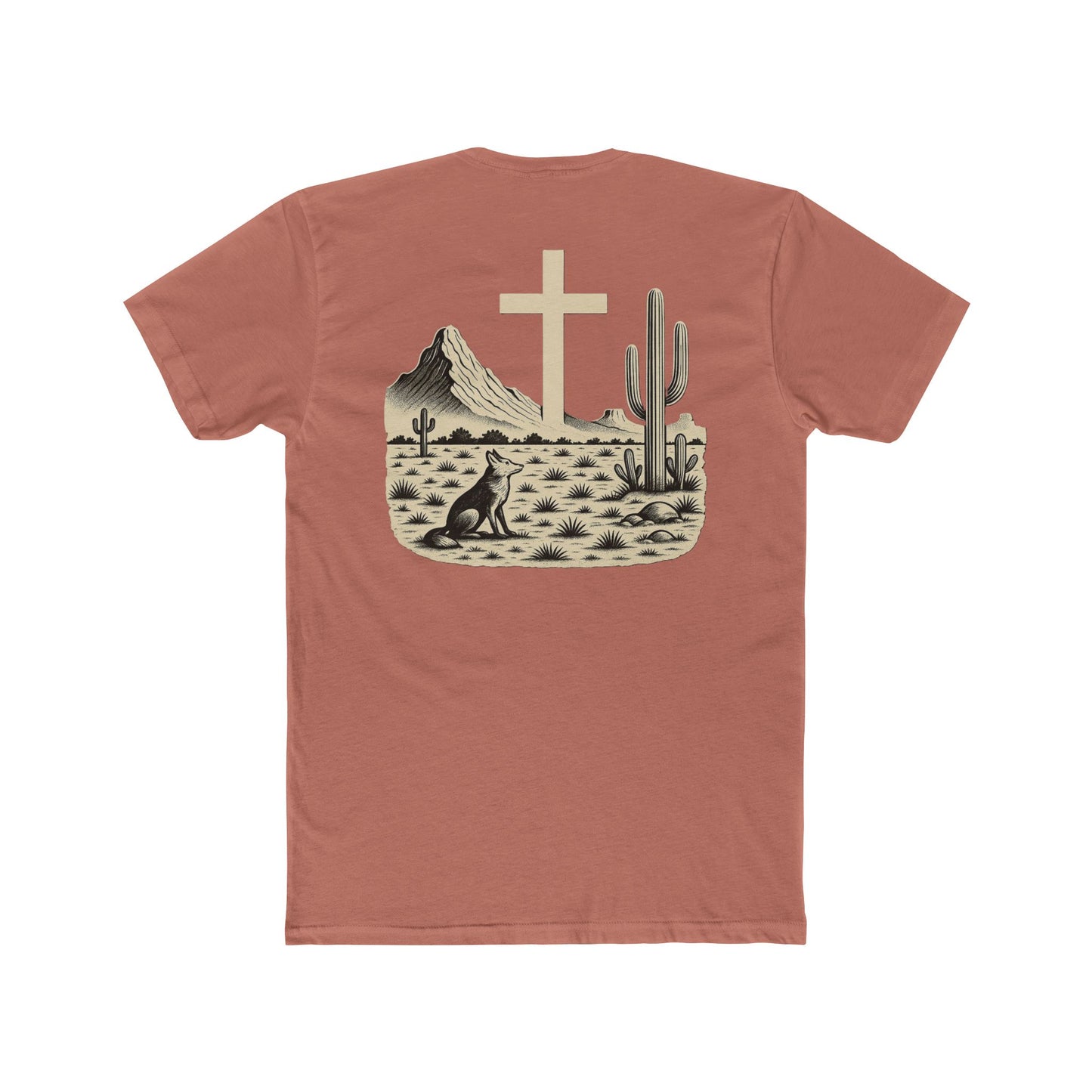 Desert Pink t-shirt with western landscape, cacti, wolf, mountains, and cross centerpiece #desertpink