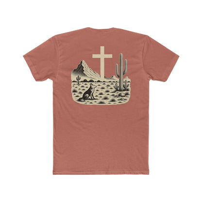 Desert Pink t-shirt with western landscape, cacti, wolf, mountains, and cross centerpiece #desertpink
