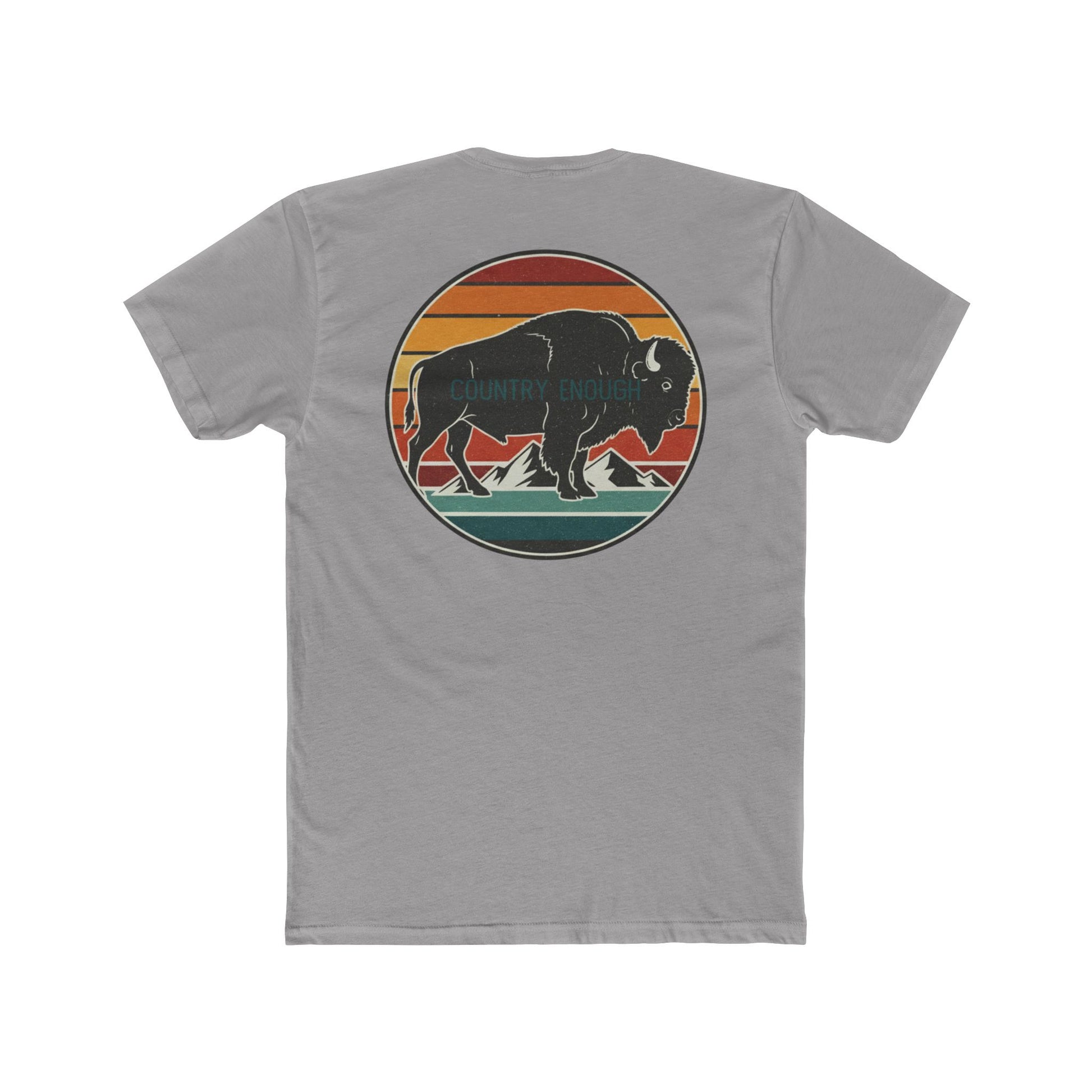 Gray t-shirt with a bison, sunset and mountain landscape graphic #gray