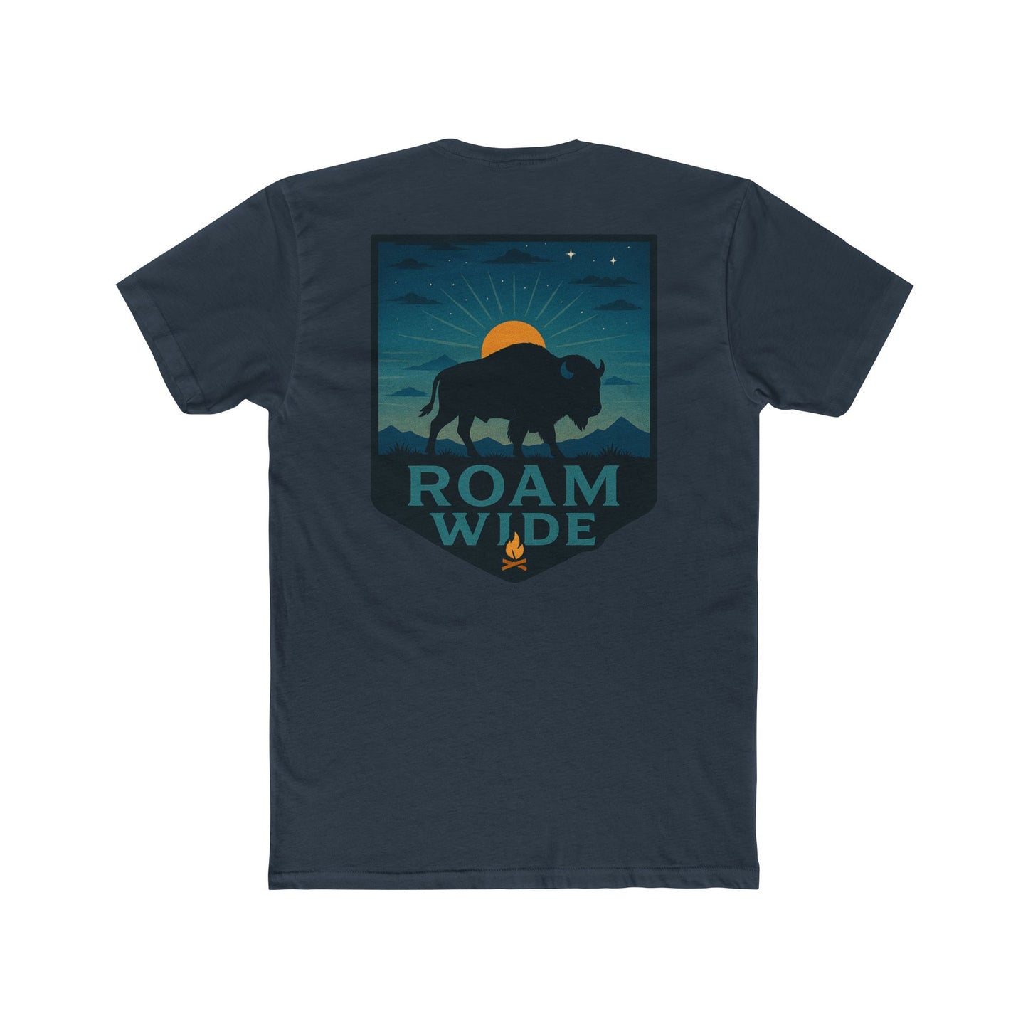 Indigo T-Shirt with graphic of bison, sun, mountains, and the words roam wide #indigo