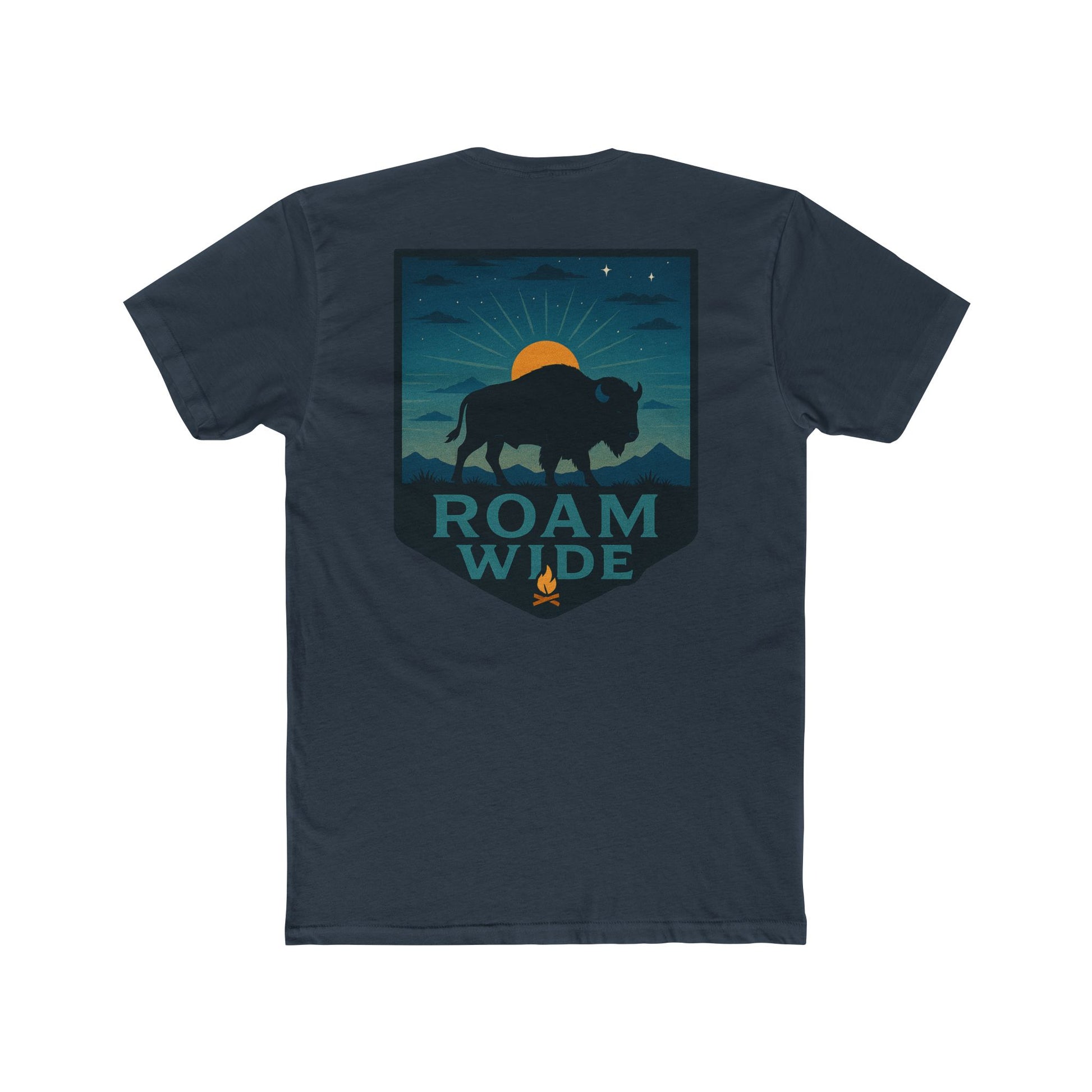 Indigo T-Shirt with graphic of bison, sun, mountains, and the words roam wide #indigo