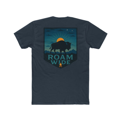 Indigo T-Shirt with graphic of bison, sun, mountains, and the words roam wide #indigo