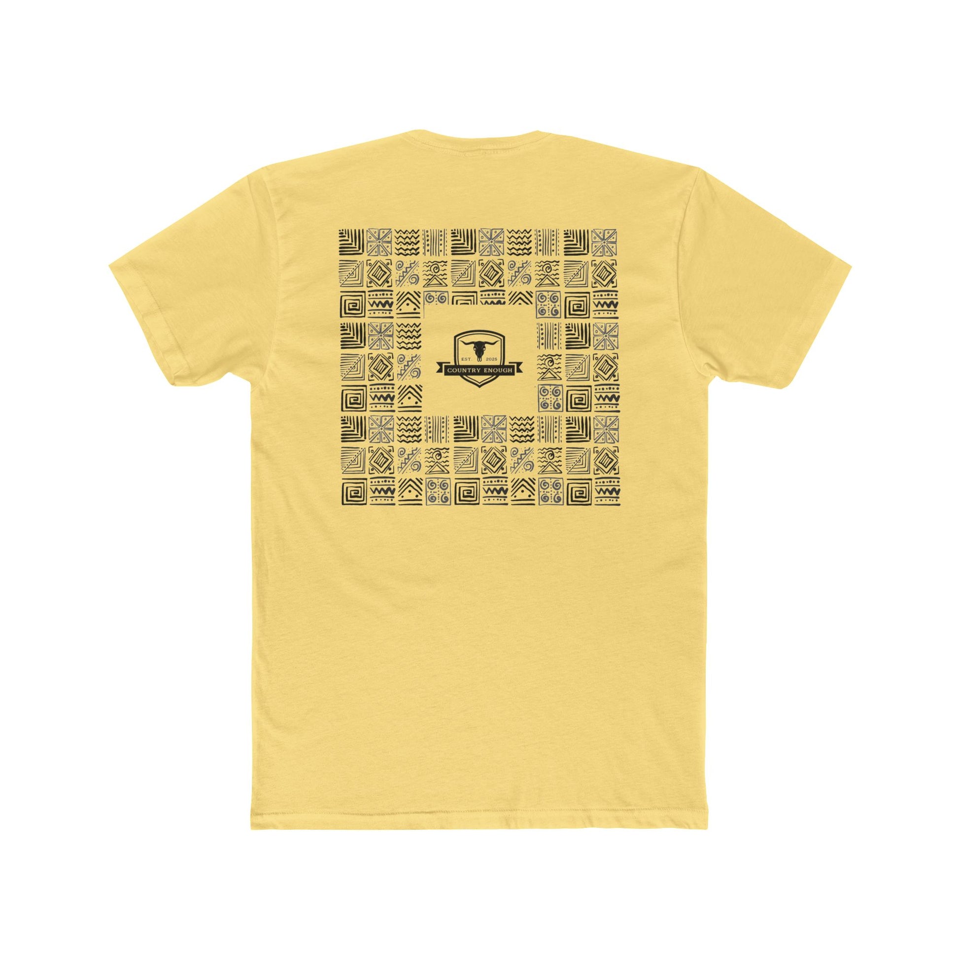 Yellow t-shirt with graphic of aztec patterns arranged in a square with country enough logo in the center #yellow