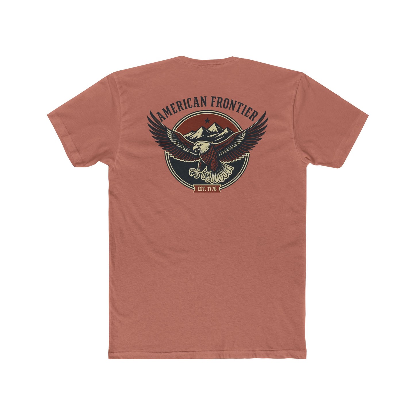 Desert Pink t-shirt featuring graphic of an eagle, mountains, and the words American Frontier Est 1776 #desertpink