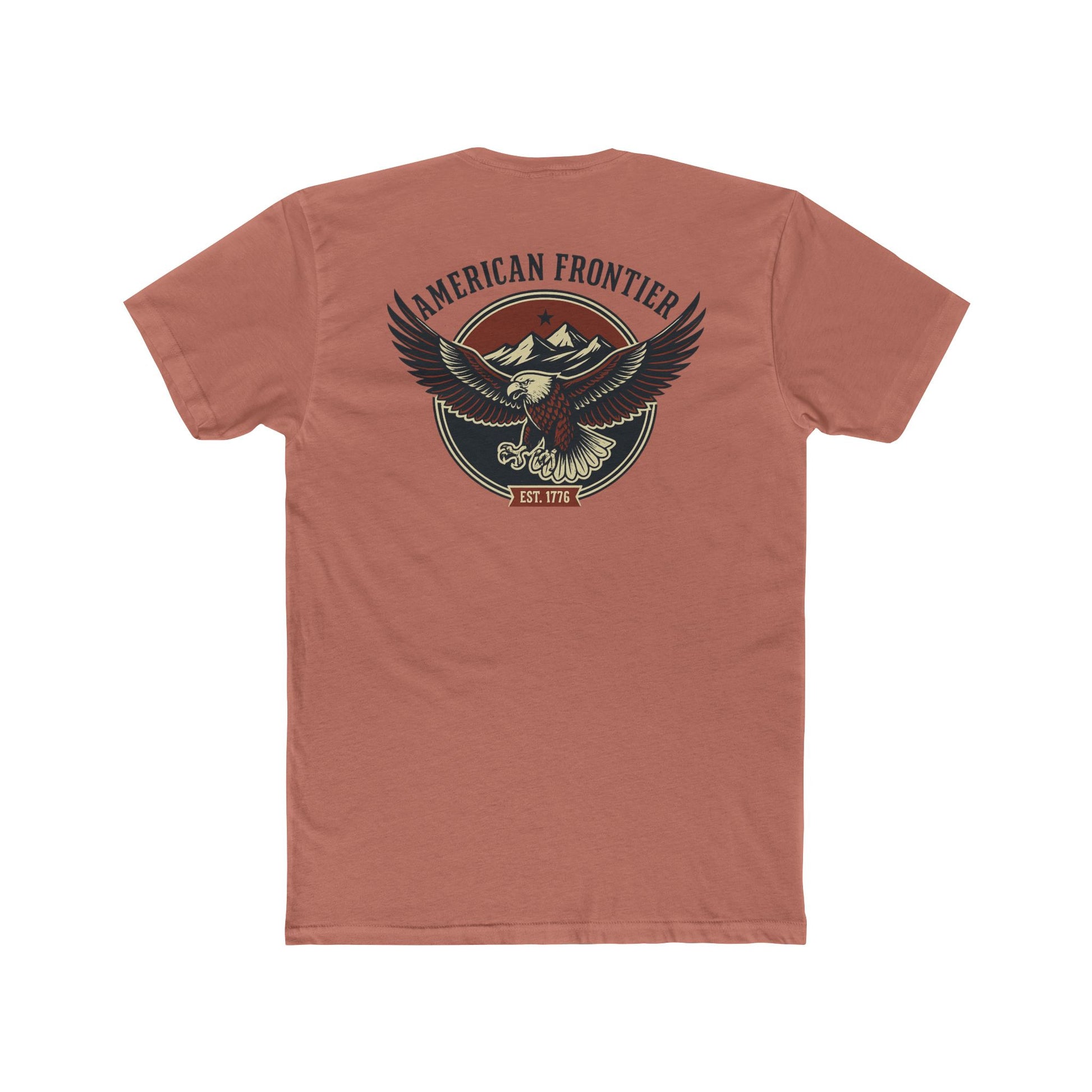 Desert Pink t-shirt featuring graphic of an eagle, mountains, and the words American Frontier Est 1776 #desertpink