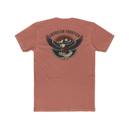 Desert Pink t-shirt featuring graphic of an eagle, mountains, and the words American Frontier Est 1776 #desertpink