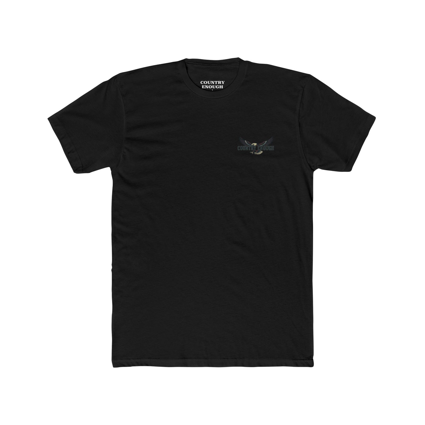 Black t-shirt featuring graphic of an eagle, mountains, and the words American Frontier Est 1776 #black