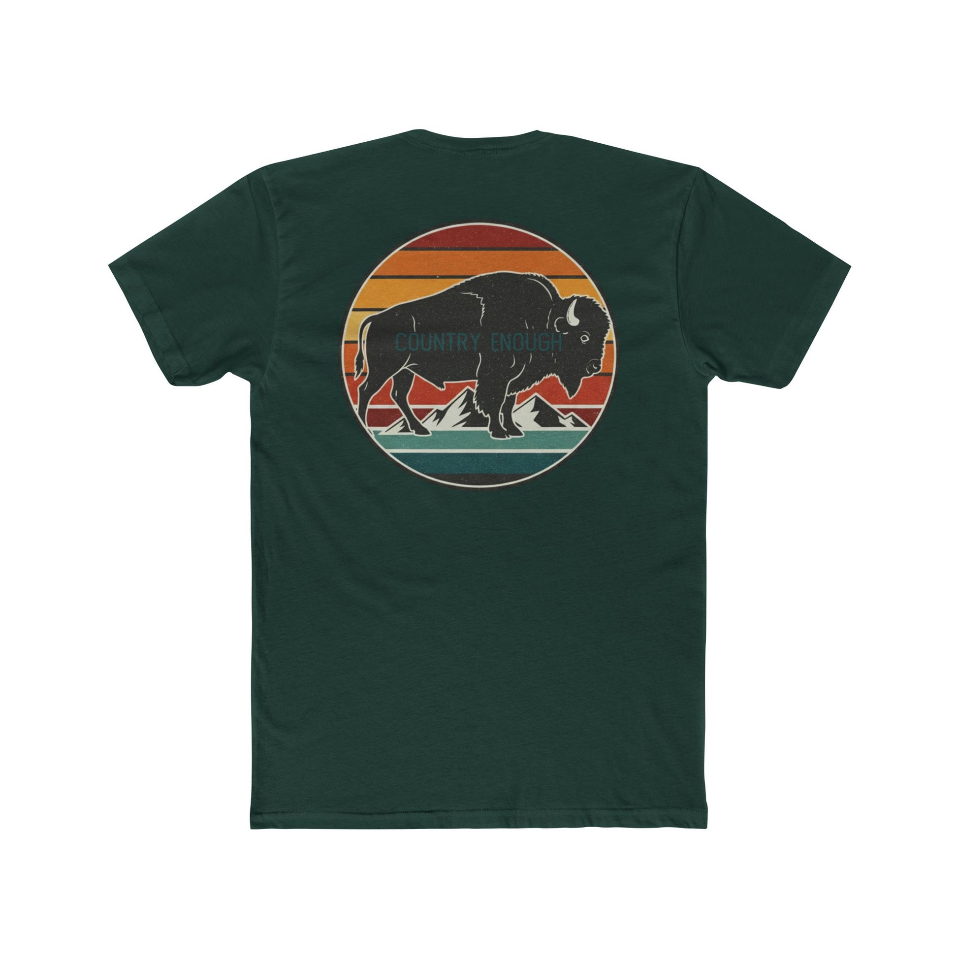 Forest green t-shirt with a bison, sunset and mountain landscape graphic #forestgreen