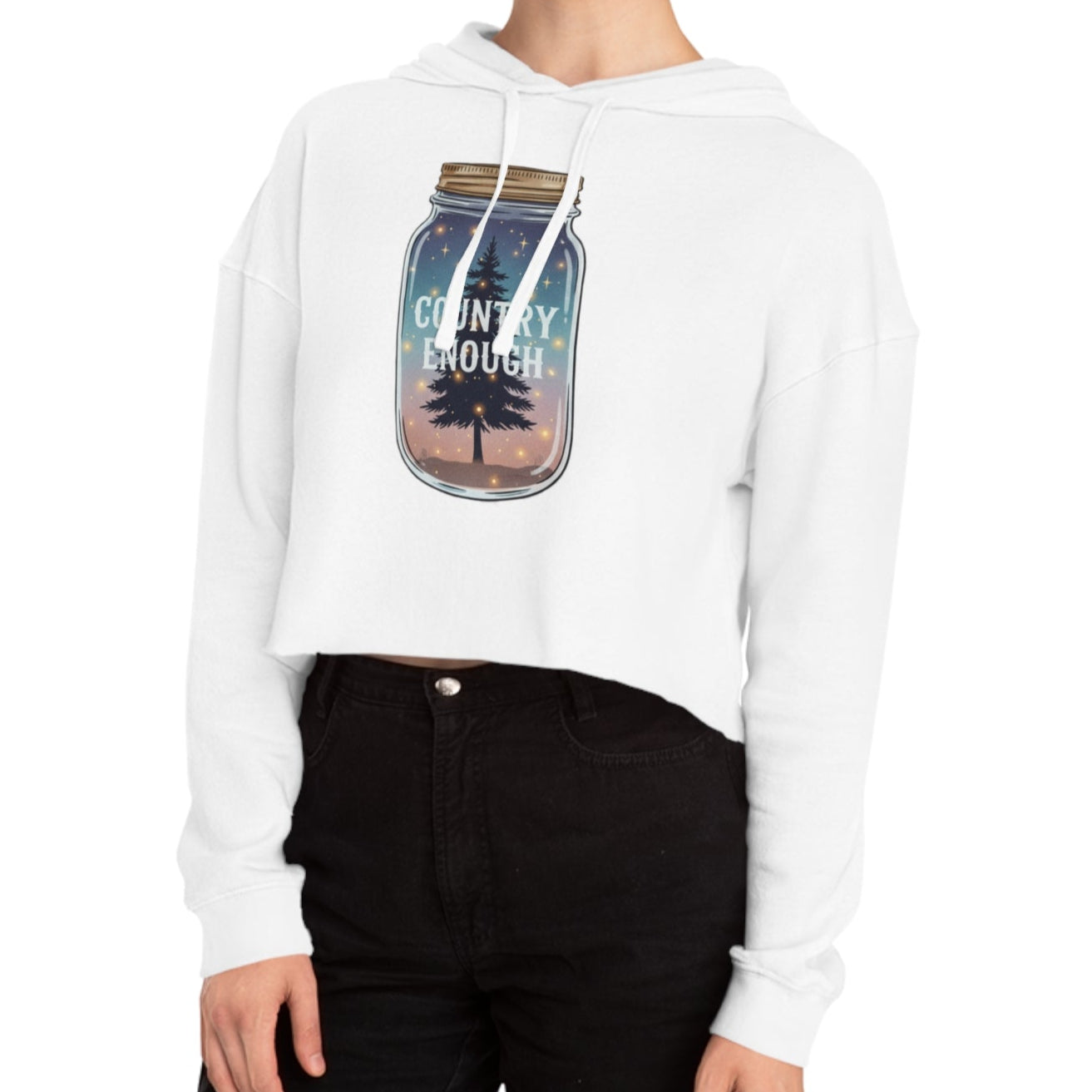 White crop hoodie with mason jar, pine trees, and stars graphic #white