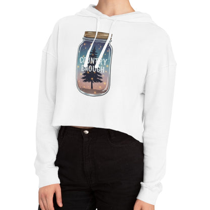White crop hoodie with mason jar, pine trees, and stars graphic #white