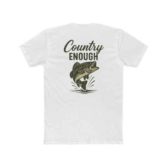 White t-shirt with graphic of a bass and the words country enough #white