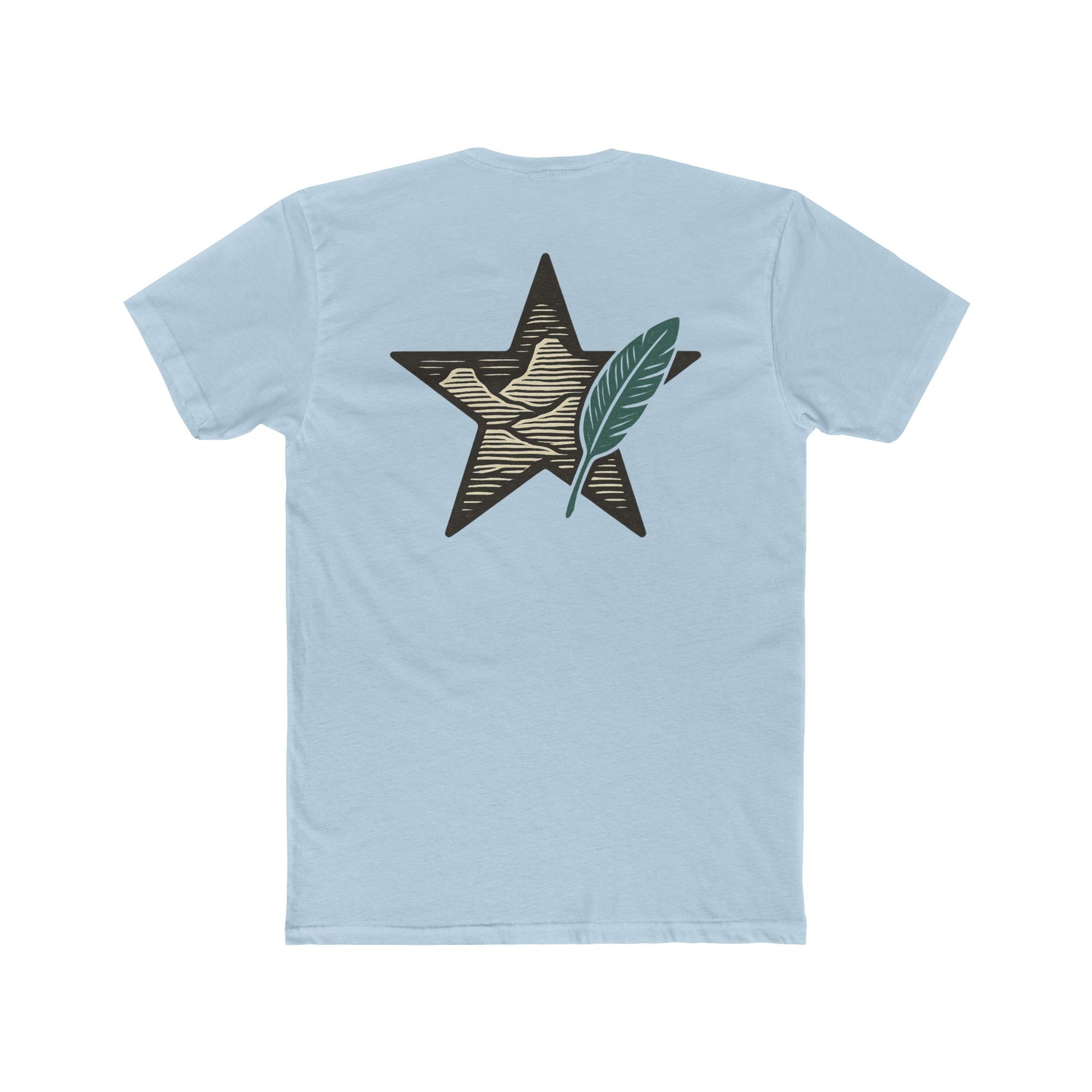 Light Blue t-shirt with graphic of a big star, mountain design inside the star, and large feather overlapping #lightblue