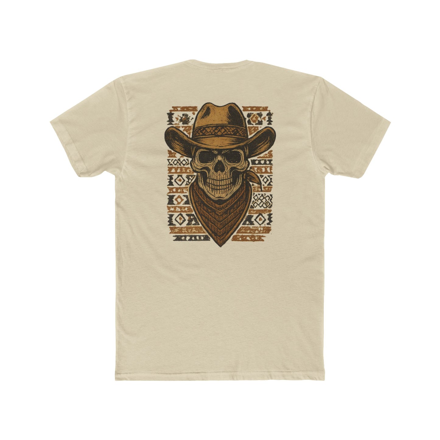 Cream t-shirt with graphic of a skull with cowboy hat and bandana surround by aztec print #cream