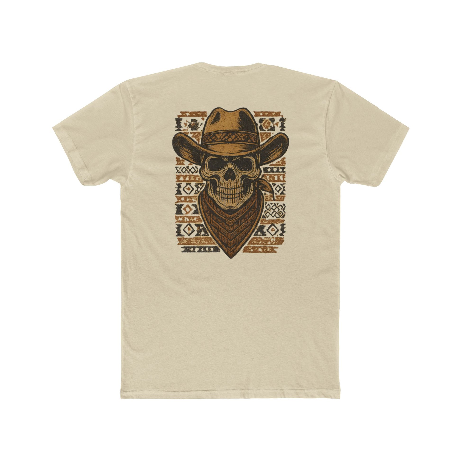 Cream t-shirt with graphic of a skull with cowboy hat and bandana surround by aztec print #cream