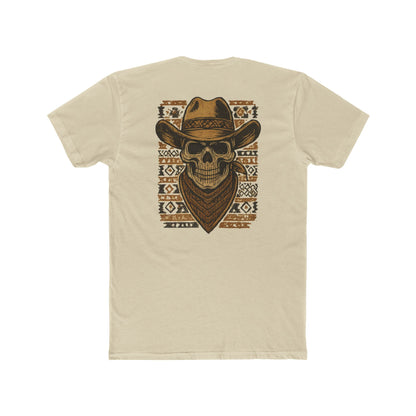 Cream t-shirt with graphic of a skull with cowboy hat and bandana surround by aztec print #cream