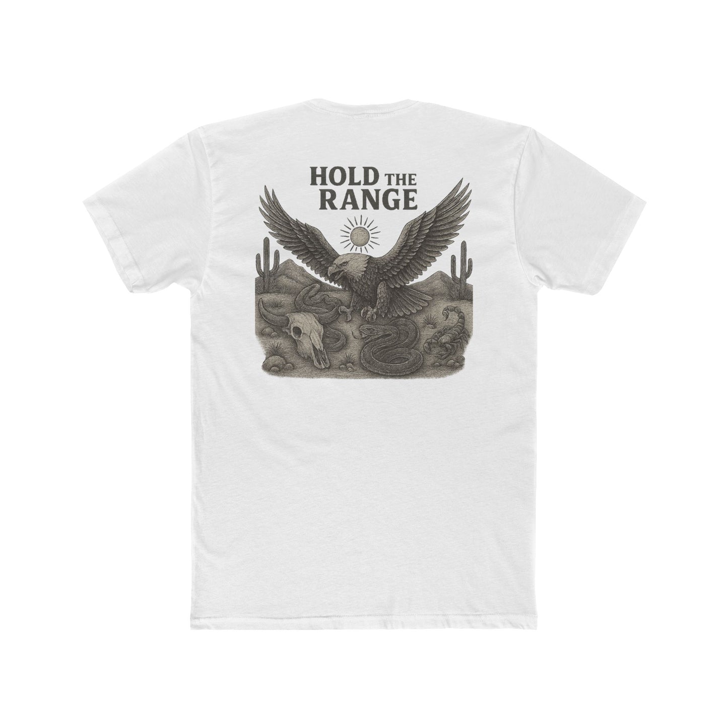 White T-Shirt with graphic of desert landscape, eagle, bull skull, cacti, scorpion, sun, and words hold the range #white