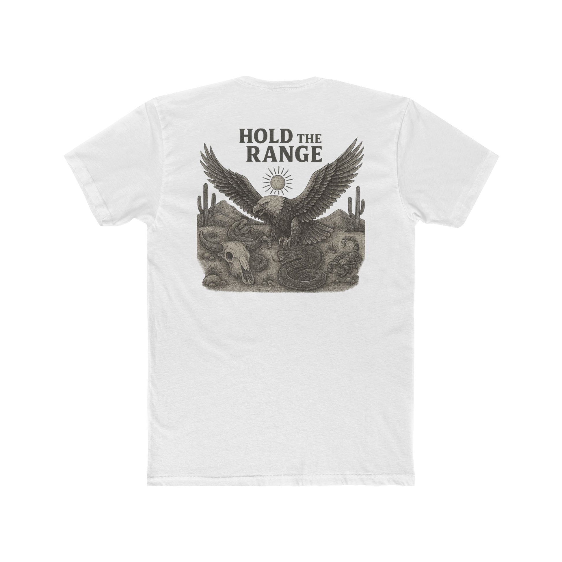 White T-Shirt with graphic of desert landscape, eagle, bull skull, cacti, scorpion, sun, and words hold the range #white
