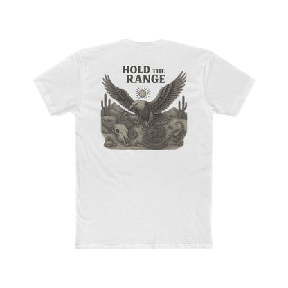 White T-Shirt with graphic of desert landscape, eagle, bull skull, cacti, scorpion, sun, and words hold the range #white